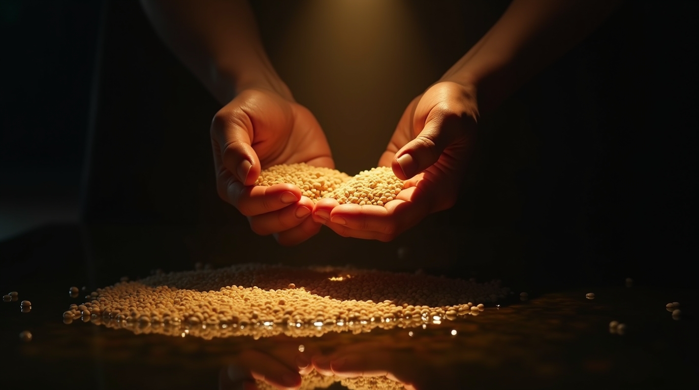 Mystical photograph of ancient hands casting seeds into the water, representing spiritual return.