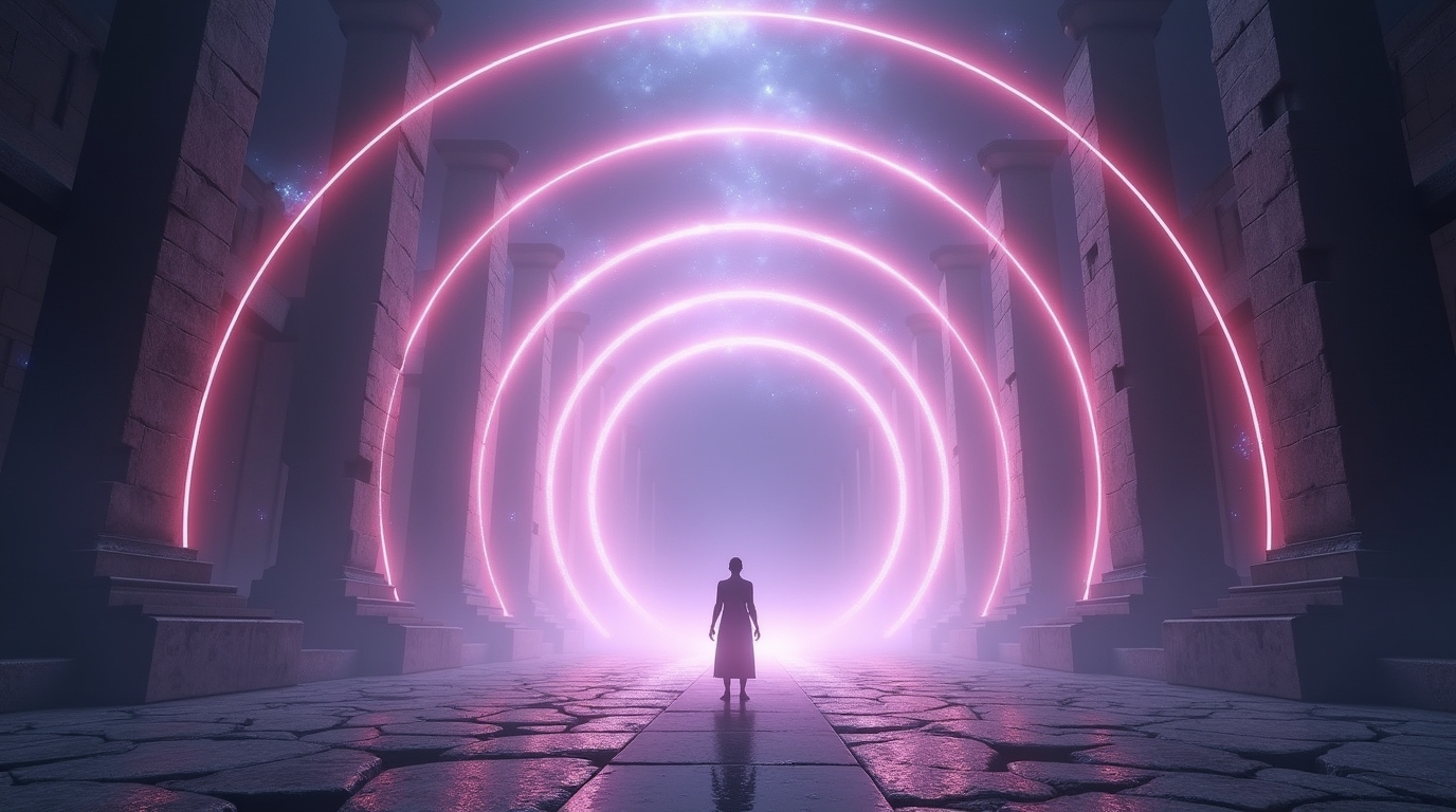 Photorealistic digital painting of seven luminous circles representing soul alignment phases.