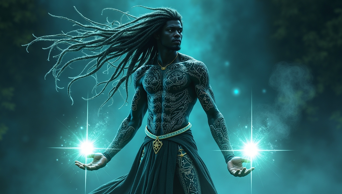 Kingly figure with luminescence symbolizing high frequency.