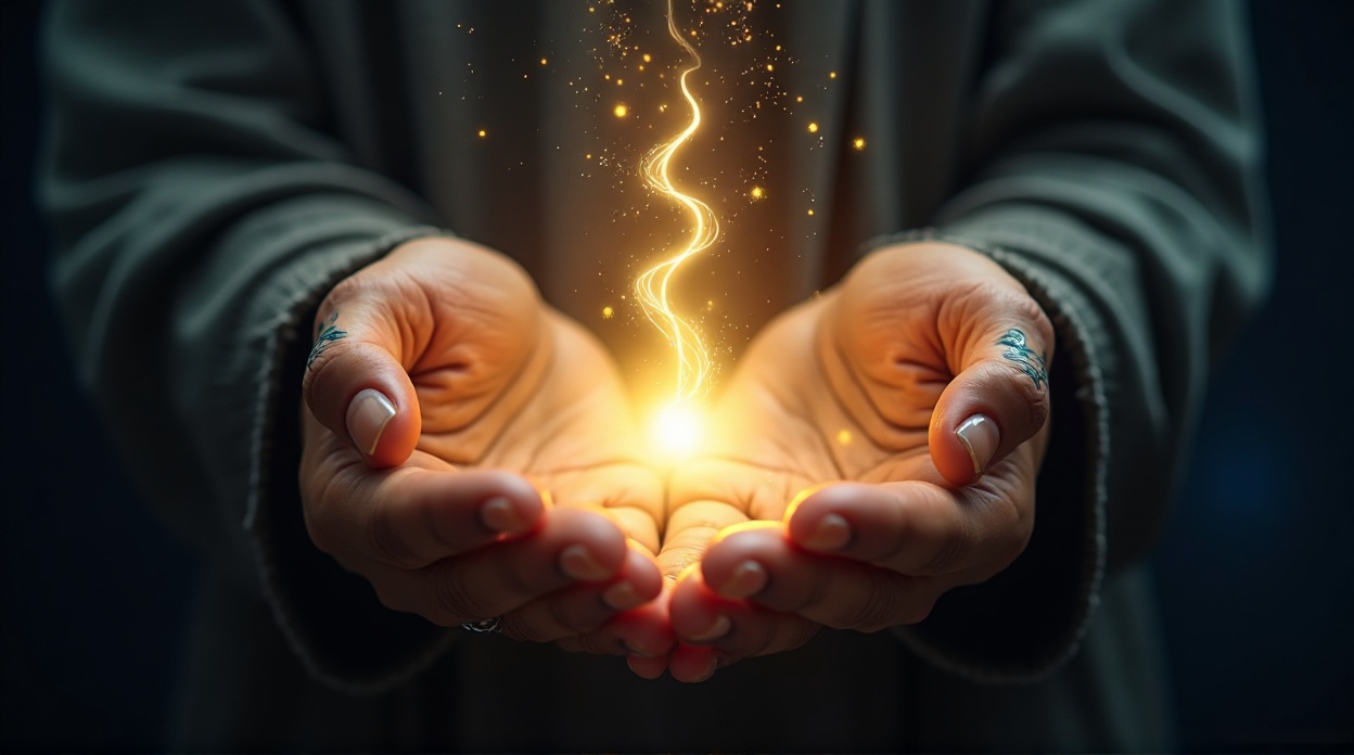 A spiritual figure walking through a mystical, golden landscape.