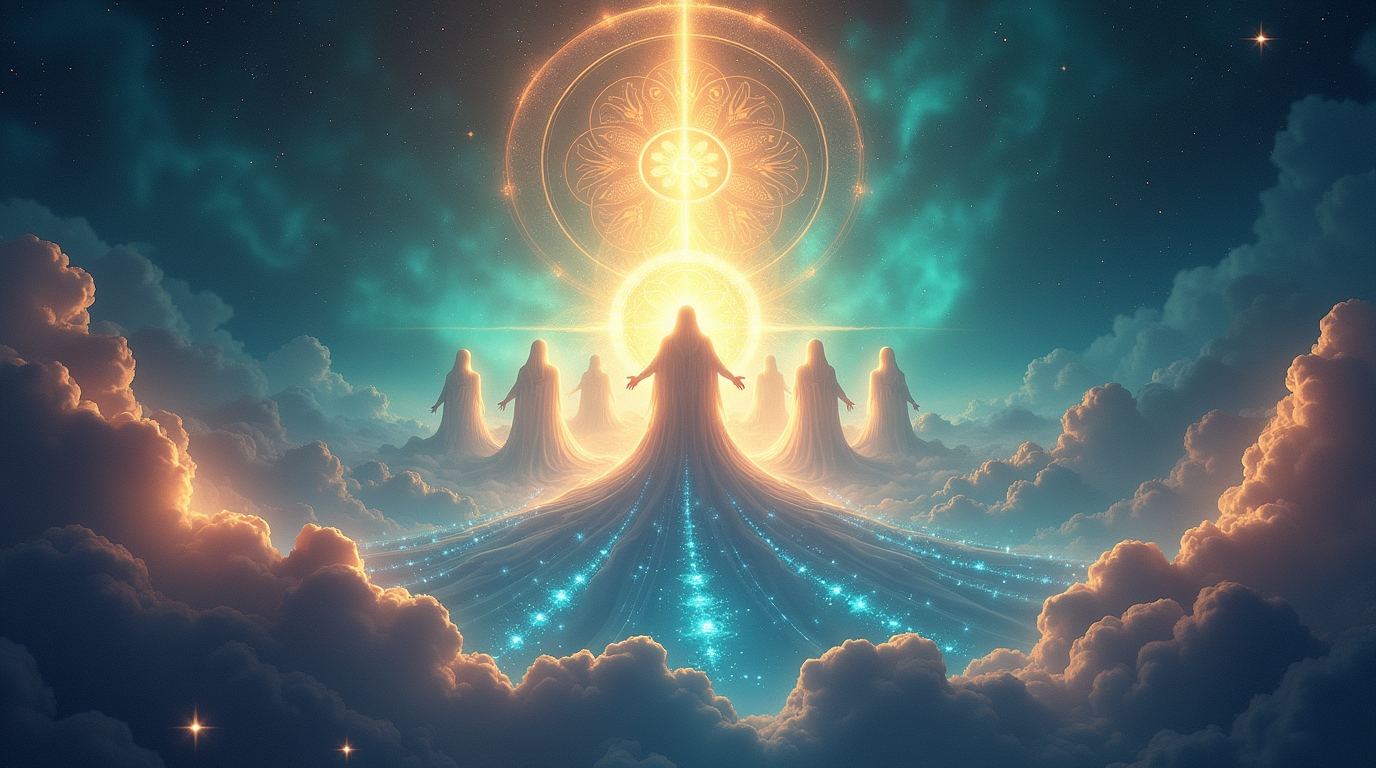 A mystical, hyperdetailed photograph of millions of threads of golden light connecting countless spiritual beings, representing the Body of Christ.