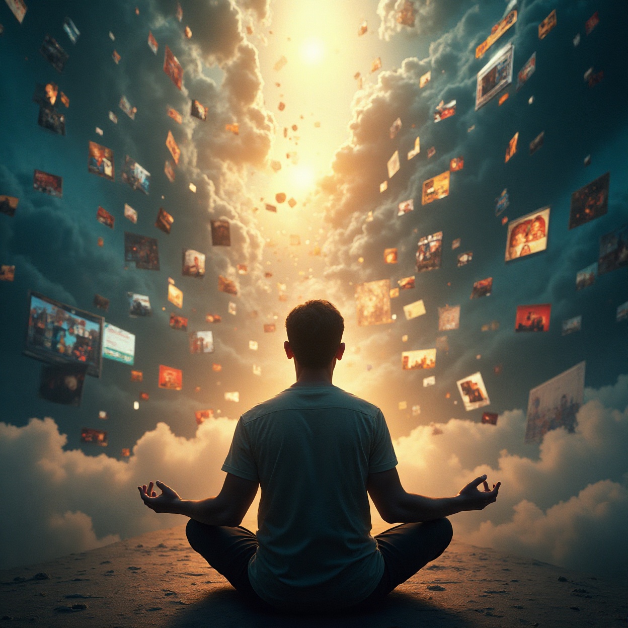 A visual metaphor for filtering out noise and focusing on the path, featuring hands gently sifting through chaotic elements to find a clear path forward.