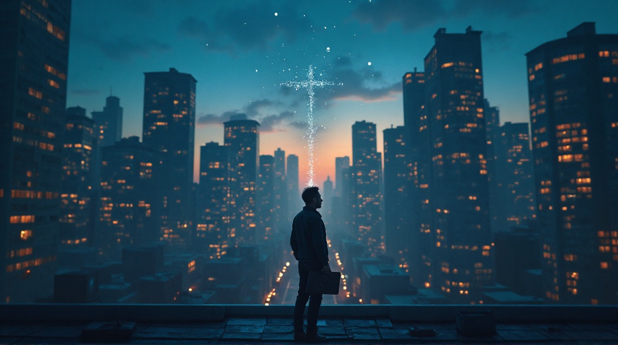 A figure standing on a vast, illuminated path, choosing destiny over small paths, symbolizing the Divine Calling.