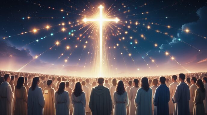 A breathtaking heavenly scene where countless people are illuminated by a single, focused light, symbolizing individual purpose within a large community.