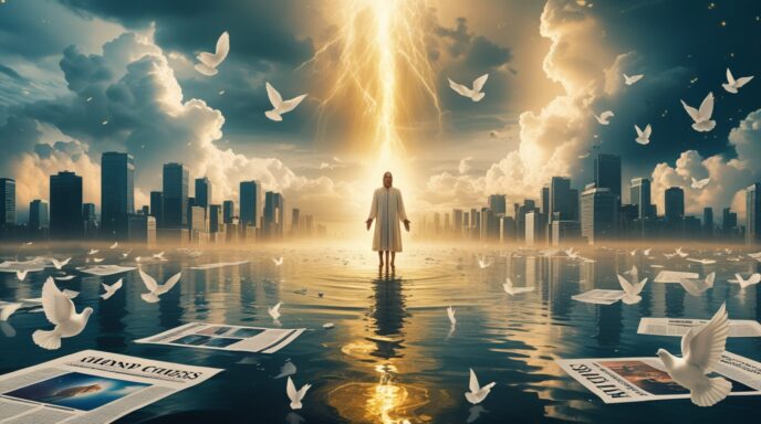 A breathtaking surreal scene where fragments of global news and chaos are seen against a serene, ascending light, symbolizing finding peace amidst overwhelming world events.