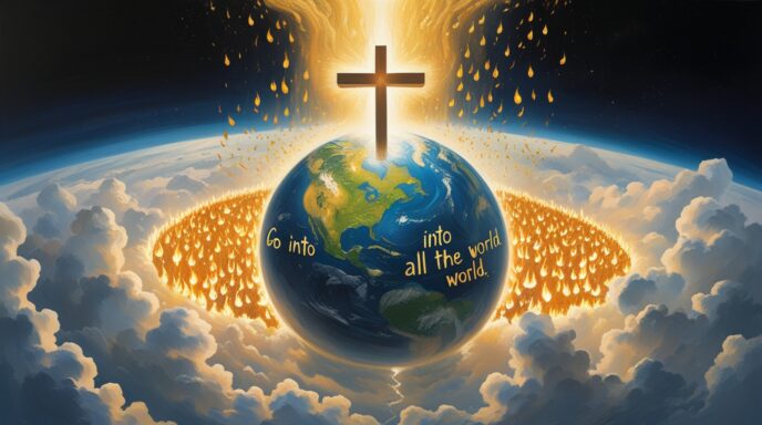 A surreal painting showing Earth suspended in space, with glowing lines emanating outward, symbolizing the global reach of the Great Commission.